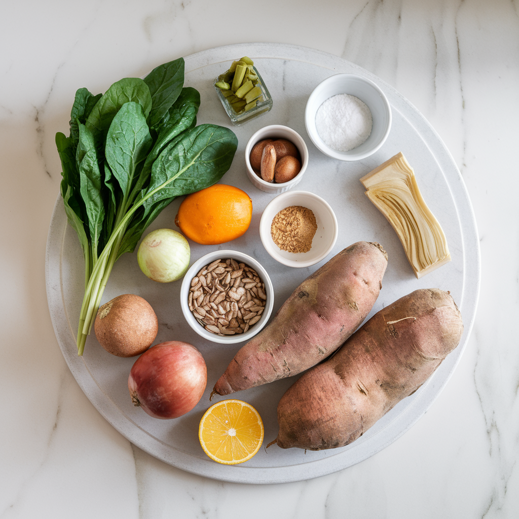 Ingredients for Savory Spinach & Sweet Potato Breakfast Hash with Sunflower Seed Salsa