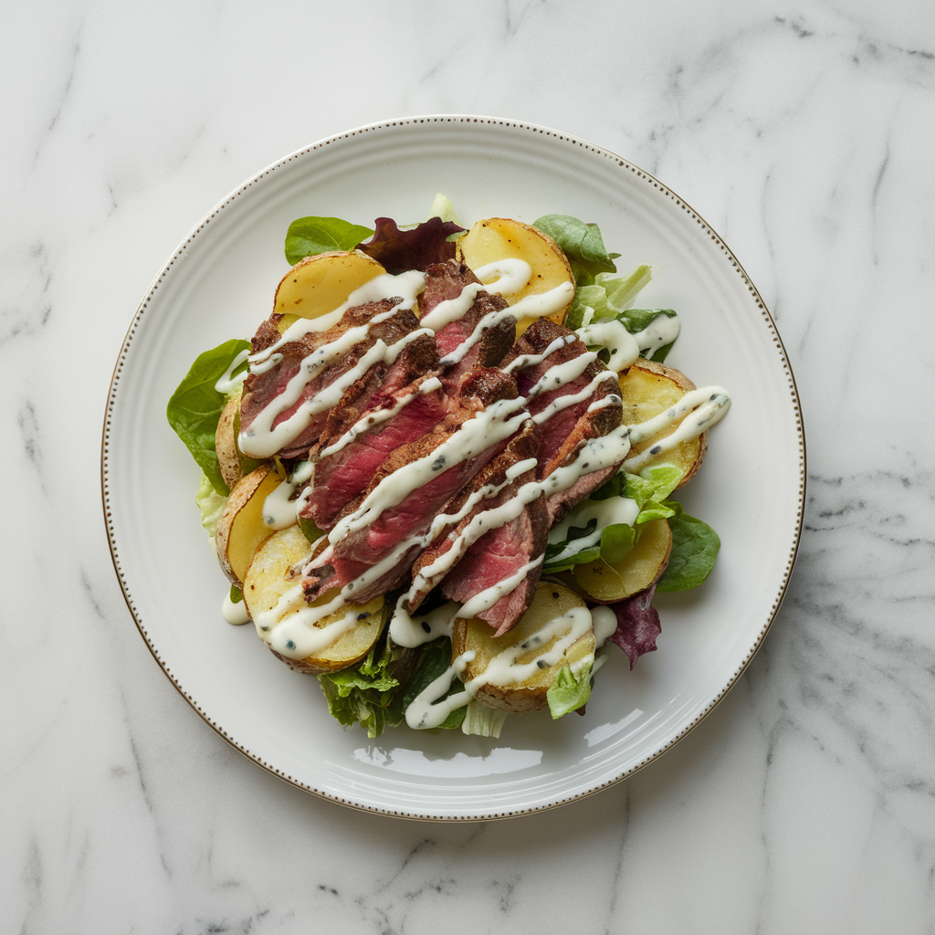 Savory Steak & Bacon Potato Crunch Salad with Blue Cheese Drizzle