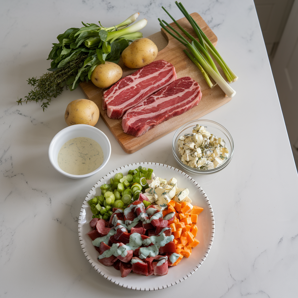 Ingredients for Savory Steak & Bacon Potato Crunch Salad with Blue Cheese Drizzle