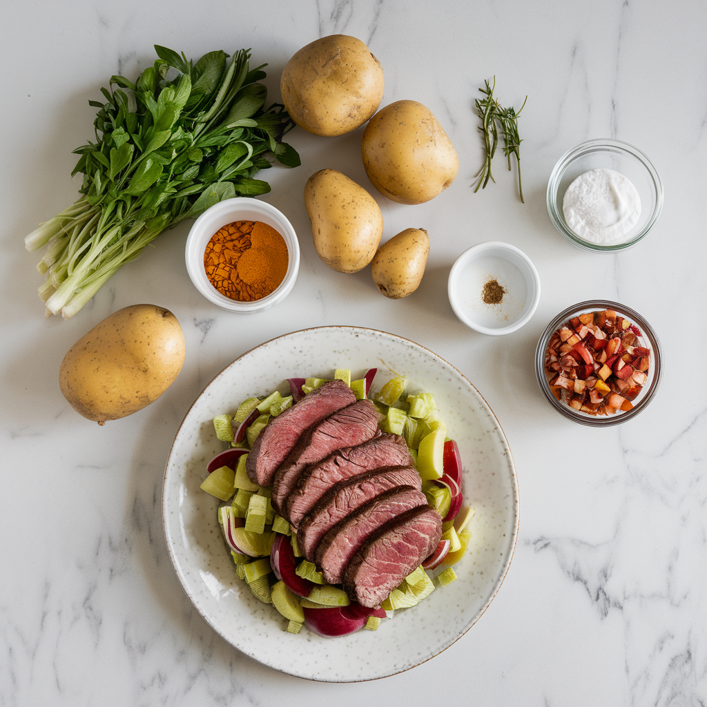 Ingredients for Savory Steak & Cheddar Potato Salad with Smoky Chipotle Dressing