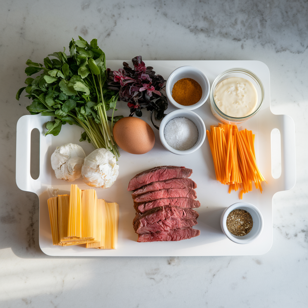 Ingredients for Savory Steak & Egg Breakfast Bombs with Cheesy Gravy