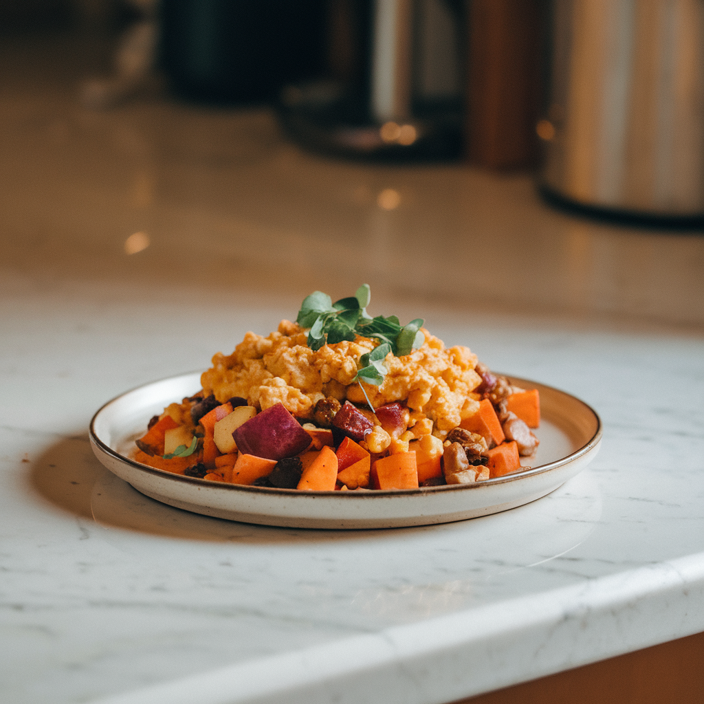 Savory Sweet Potato and Apple Skillet Hash with Chickpea Scramble