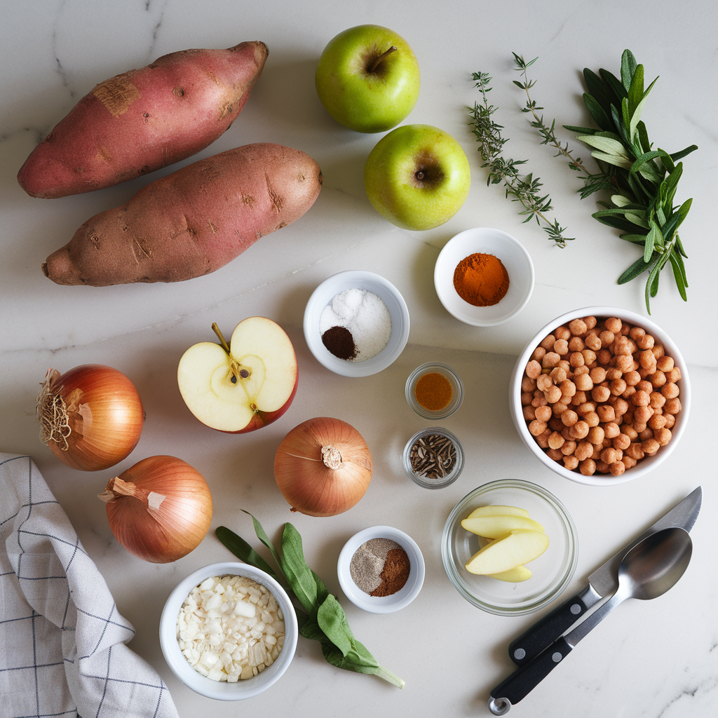 Ingredients for Savory Sweet Potato and Apple Skillet Hash with Chickpea Scramble
