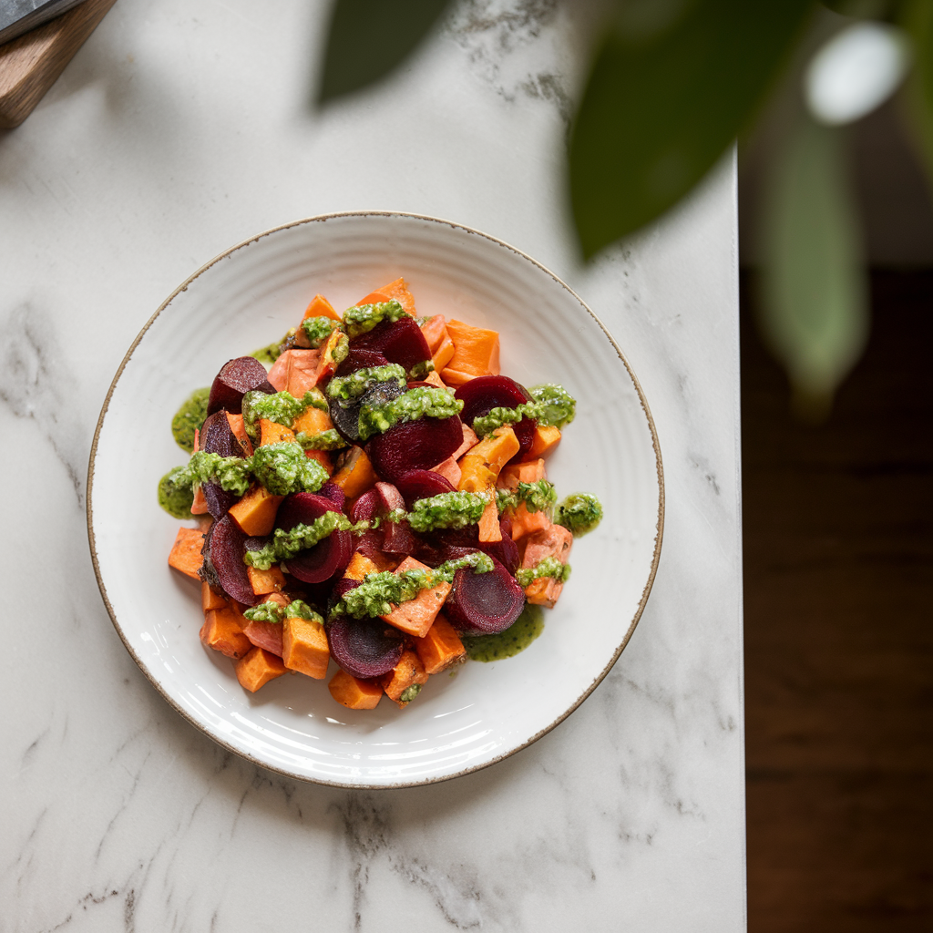 Savory Sweet Potato and Beet Breakfast Hash with Chimichurri Drizzle