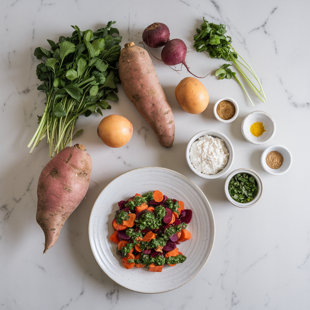 Ingredients for Savory Sweet Potato and Beet Breakfast Hash with Chimichurri Drizzle