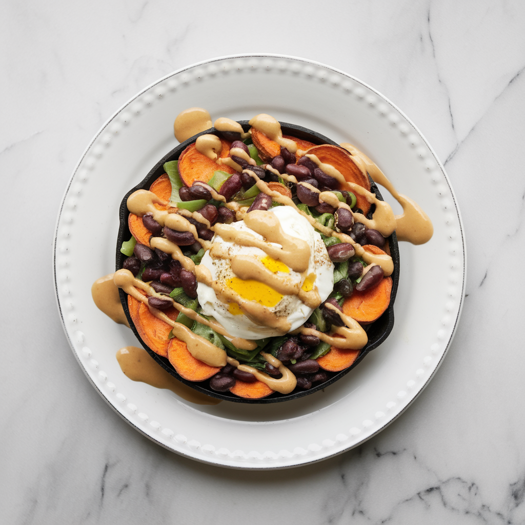 Savory Sweet Potato & Black Bean Breakfast Skillet with Turmeric Tahini Drizzle