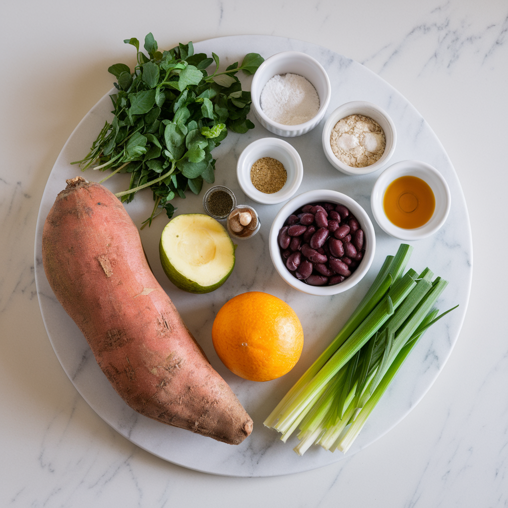 Ingredients for Savory Sweet Potato & Black Bean Breakfast Skillet with Turmeric Tahini Drizzle