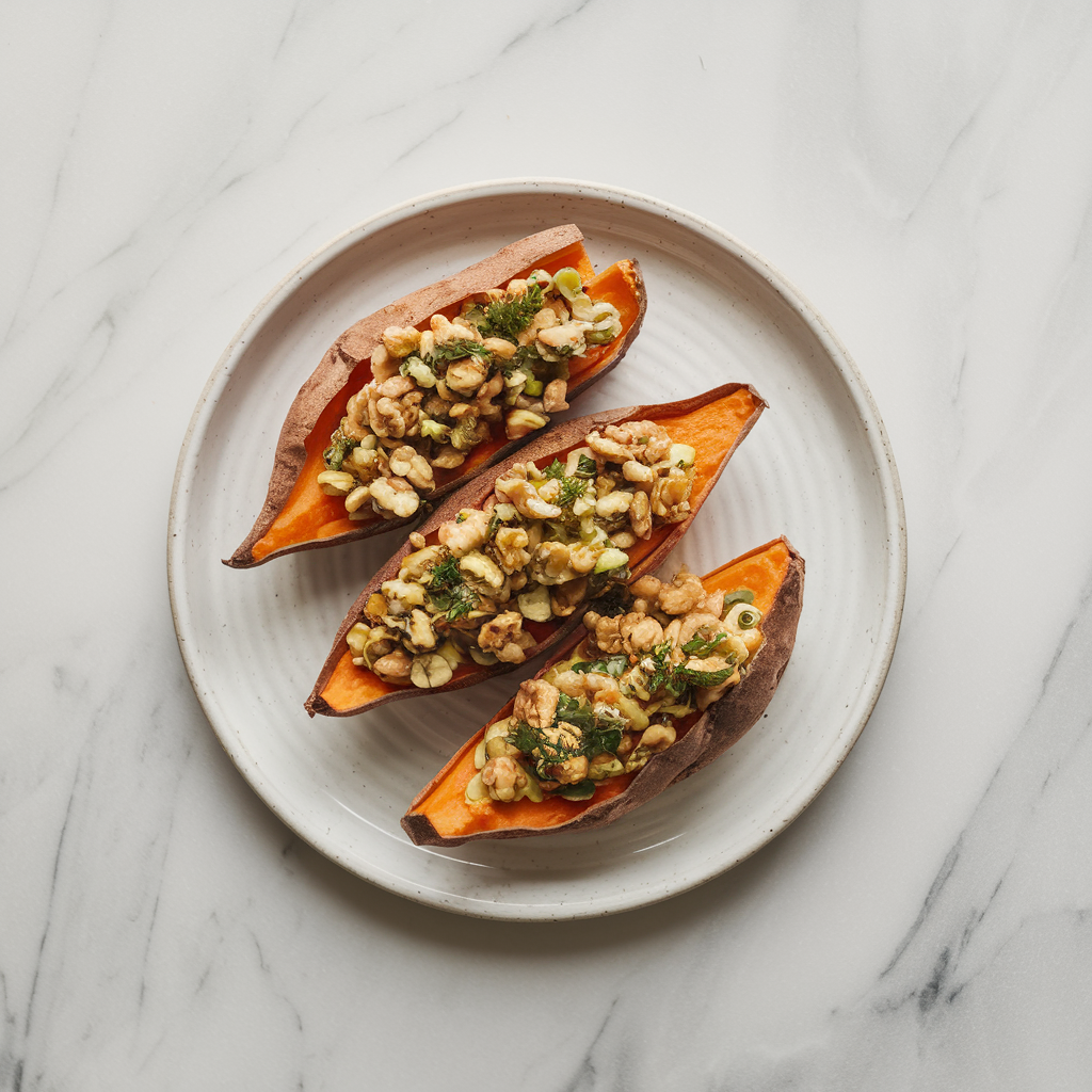 Savory Sweet Potato Breakfast Boats with Nutty Herb Filling