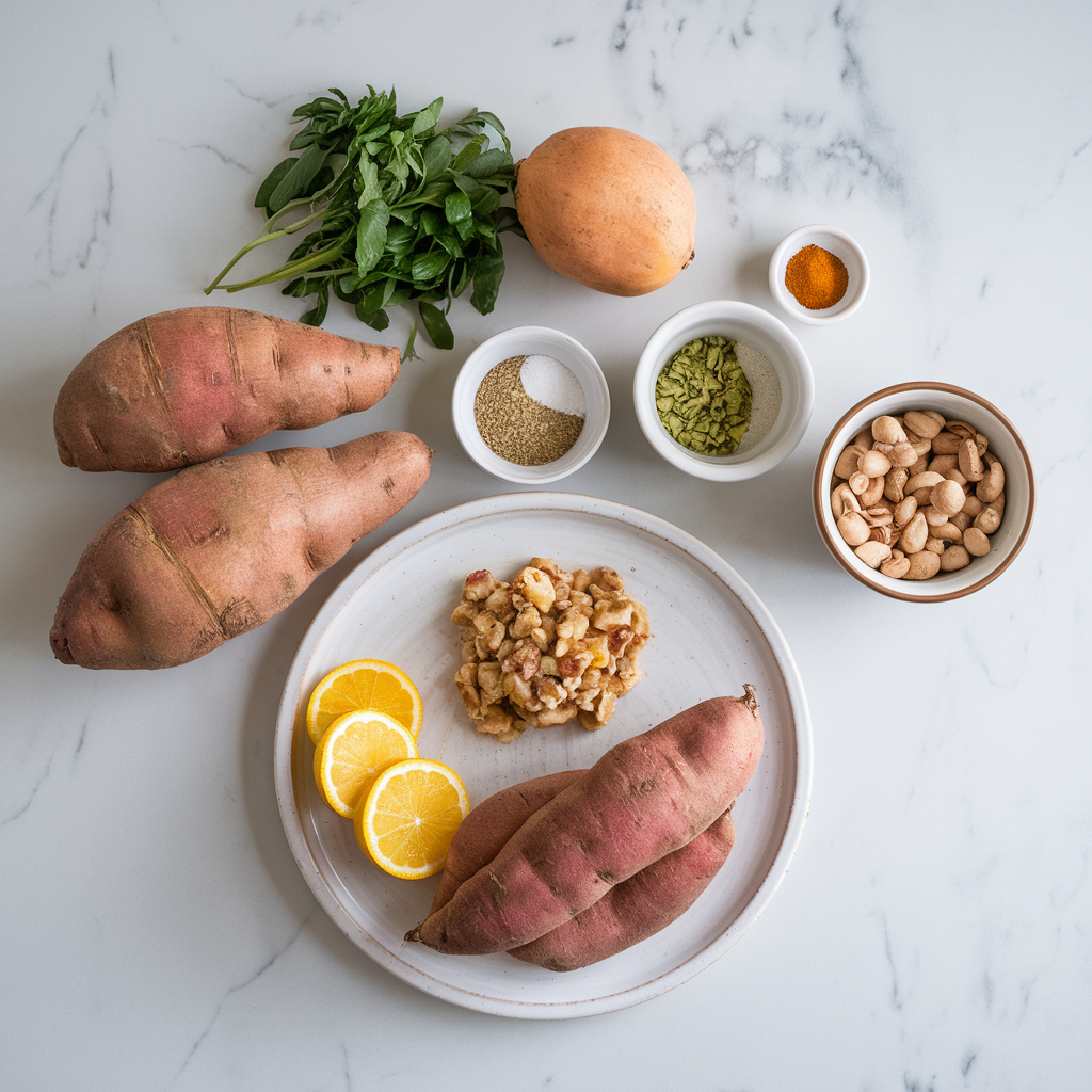 Ingredients for Savory Sweet Potato Breakfast Boats with Nutty Herb Filling