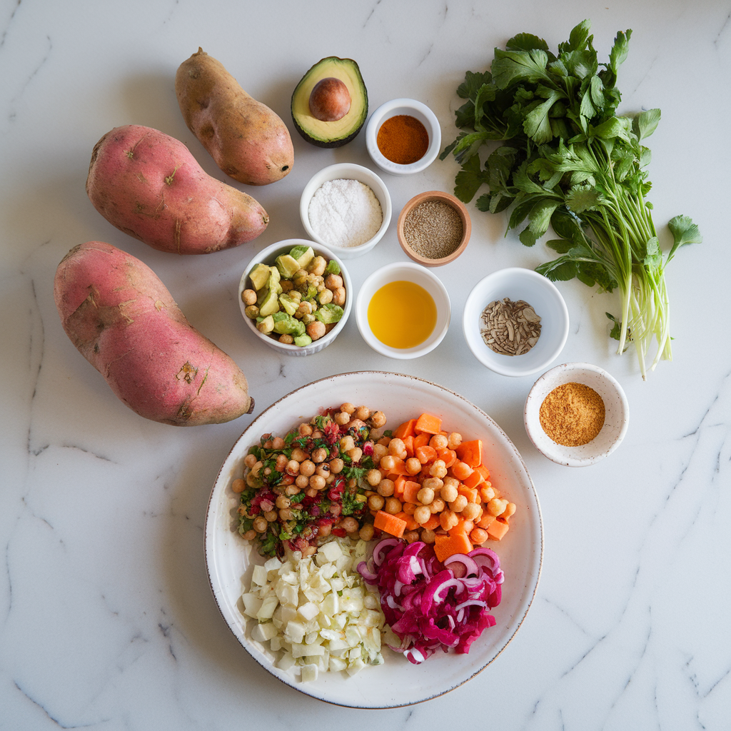 Ingredients for Savory Sweet Potato & Chickpea Hash with Zesty Avocado Salsa