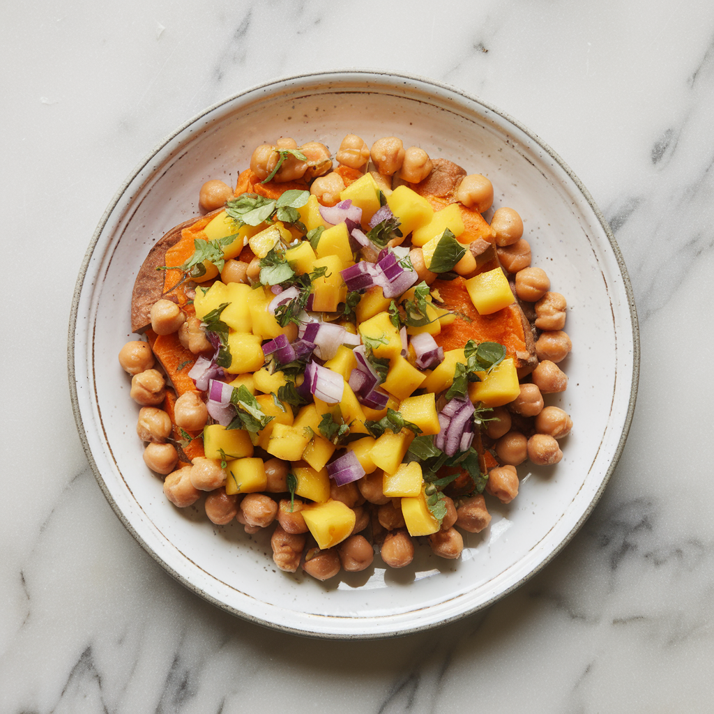 Savory Sweet Potato & Chickpea Skillet with Spicy Mango Salsa