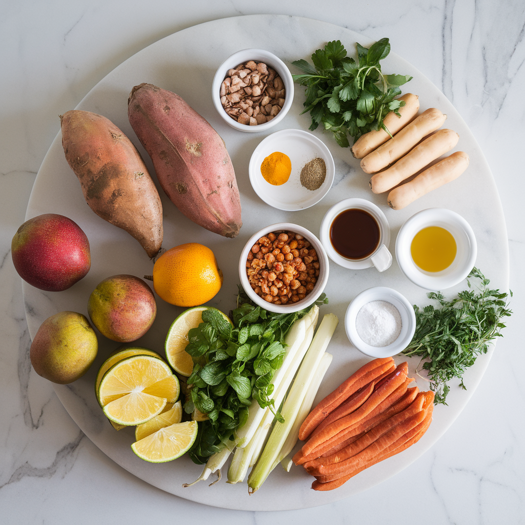 Ingredients for Savory Sweet Potato & Chickpea Skillet with Spicy Mango Salsa