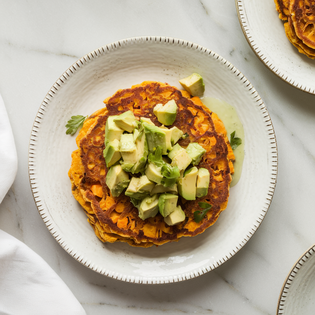 Savory Sweet Potato Pancakes with Avocado Herb Salsa