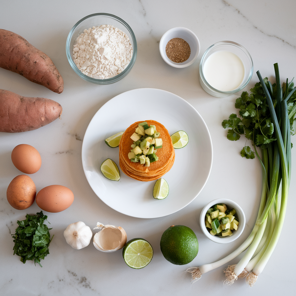 Ingredients for Savory Sweet Potato Pancakes with Avocado Herb Salsa