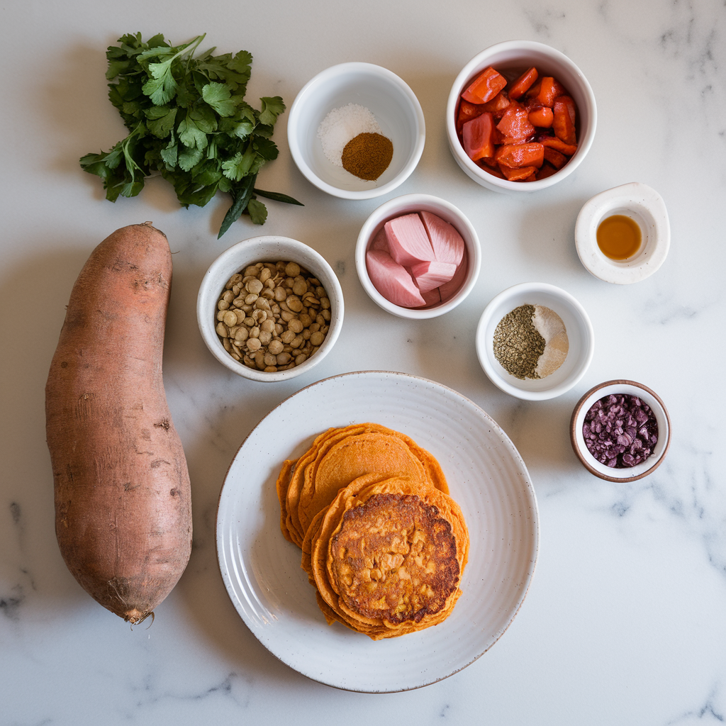 Ingredients for Savory Sweet Potato Pancakes with Spiced Lentil Relish