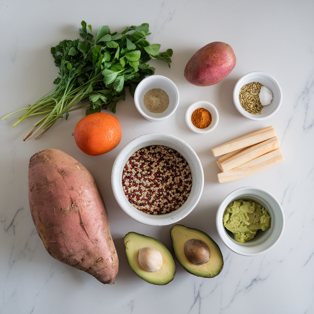 Ingredients for Savory Sweet Potato & Quinoa Breakfast Skillet with Spiced Avocado Mash