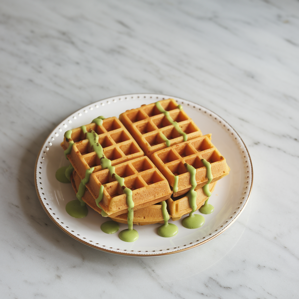 Savory Sweet Potato Waffles with Turmeric Avocado Drizzle