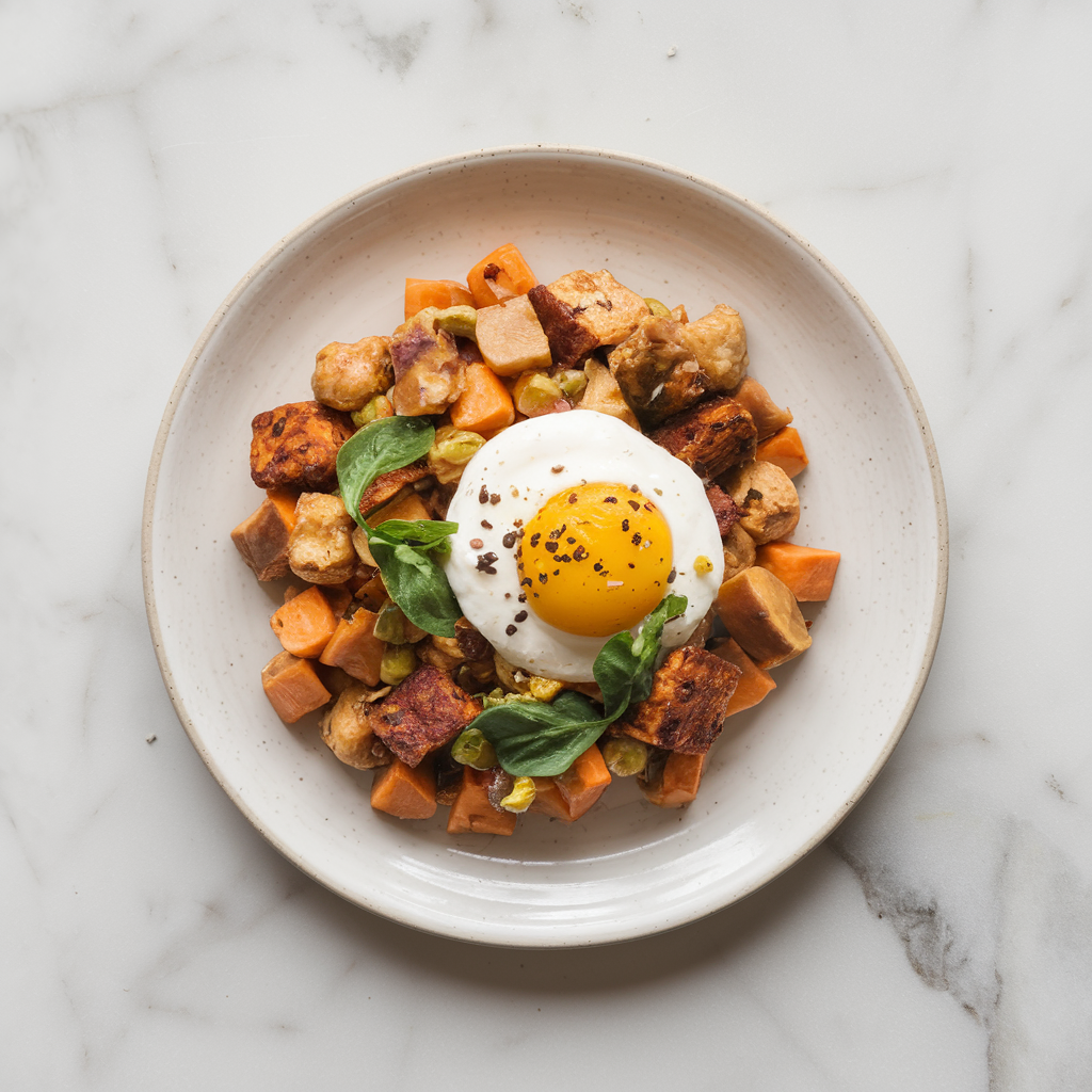 Savory Tempeh & Sweet Potato Breakfast Hash with Spiced Apple Chutney