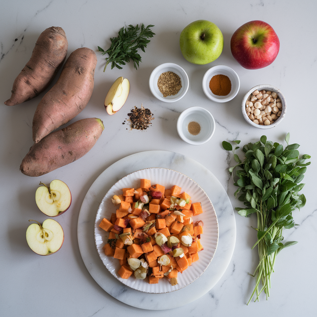 Ingredients for Savory Tempeh & Sweet Potato Breakfast Hash with Spiced Apple Chutney