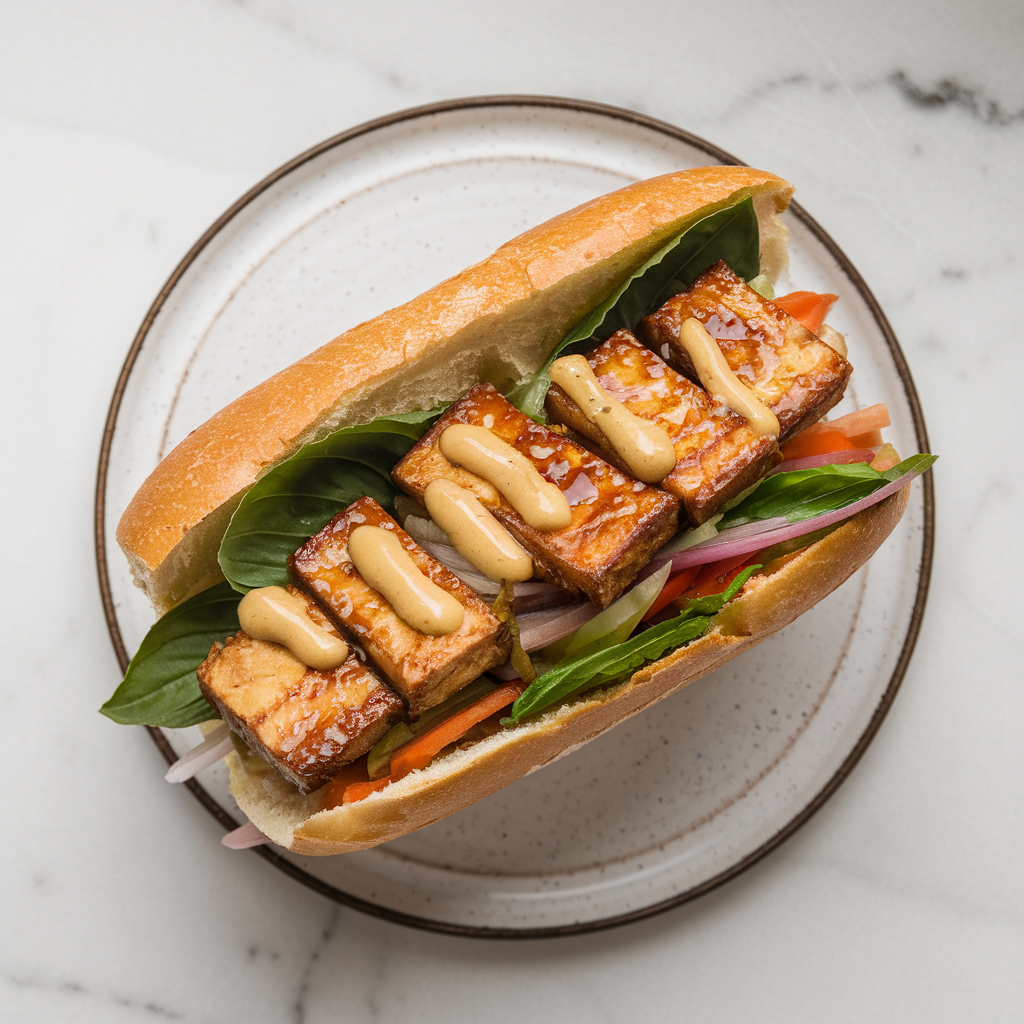 Savory Thai Basil Tofu Banh Mi Sandwich