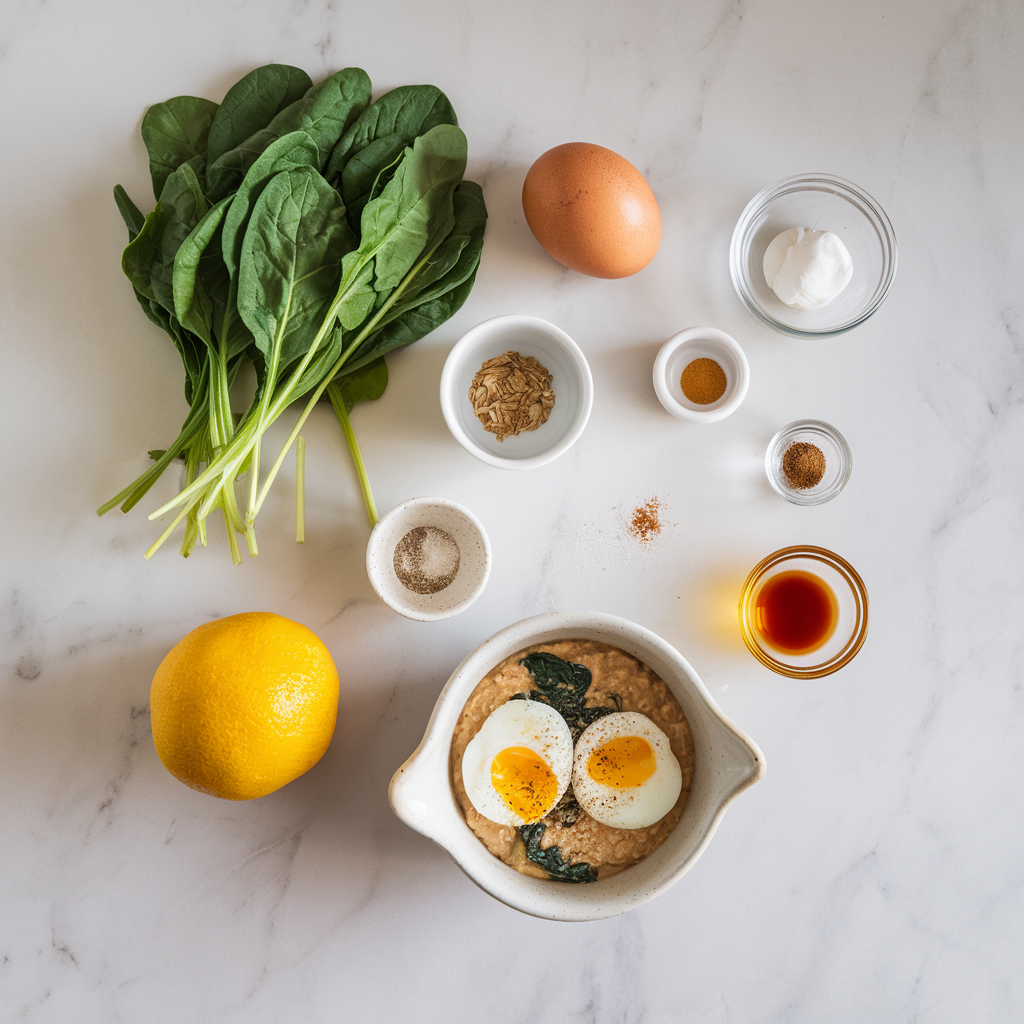 Ingredients for Savory Turmeric Oatmeal with Spinach and Poached Eggs