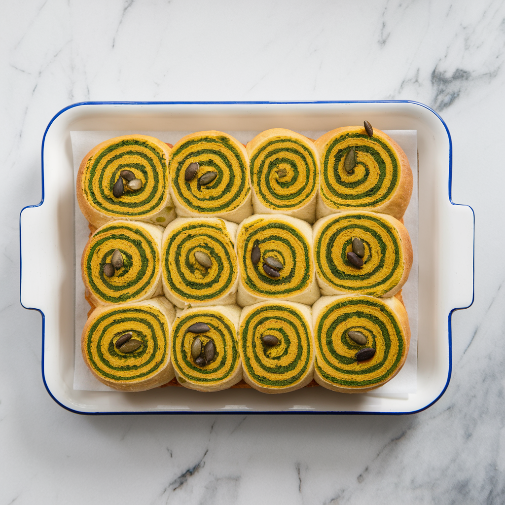 Savory Turmeric & Spinach Swirl Rolls with Pumpkin Seeds