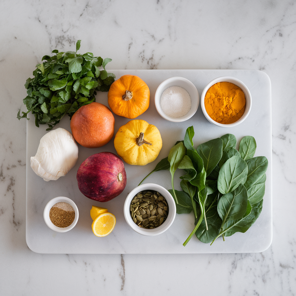 Ingredients for Savory Turmeric & Spinach Swirl Rolls with Pumpkin Seeds