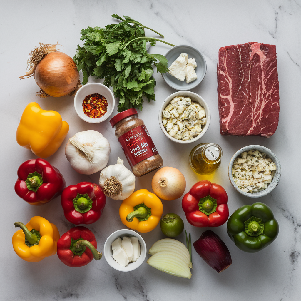 Ingredients for Sizzling Beef & Blue Cheese Stuffed Peppers with Crispy Onion Crunch