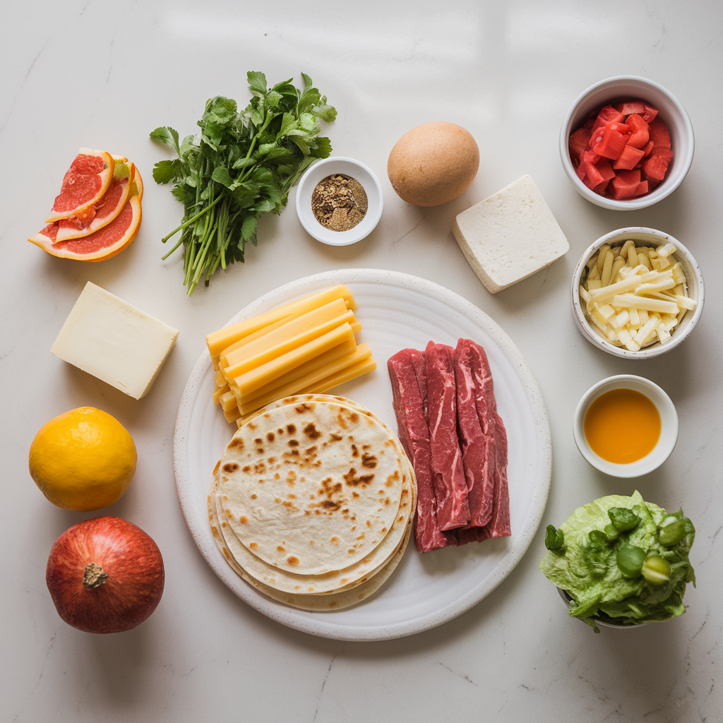 Ingredients for Sizzling Beef & Cheese Quesadilla Stacks