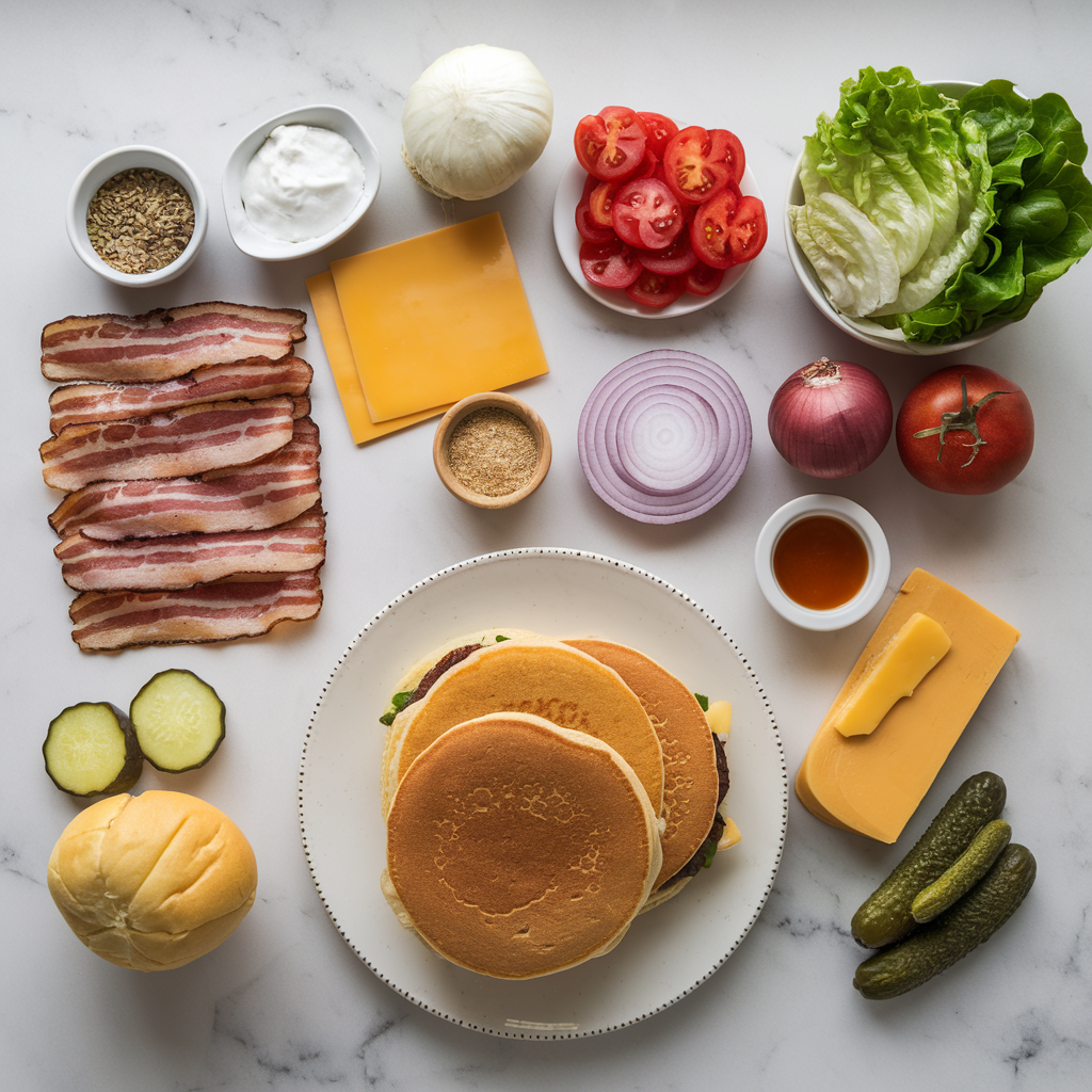 Ingredients for Sizzling Cheddar Bacon Pancake Burgers