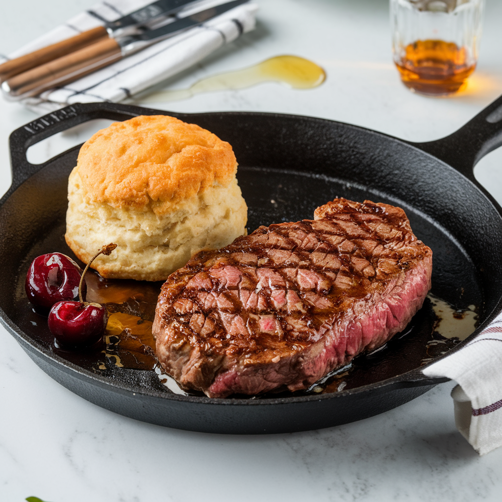 Sizzling Honey-Bourbon Steak & Biscuit Skillet