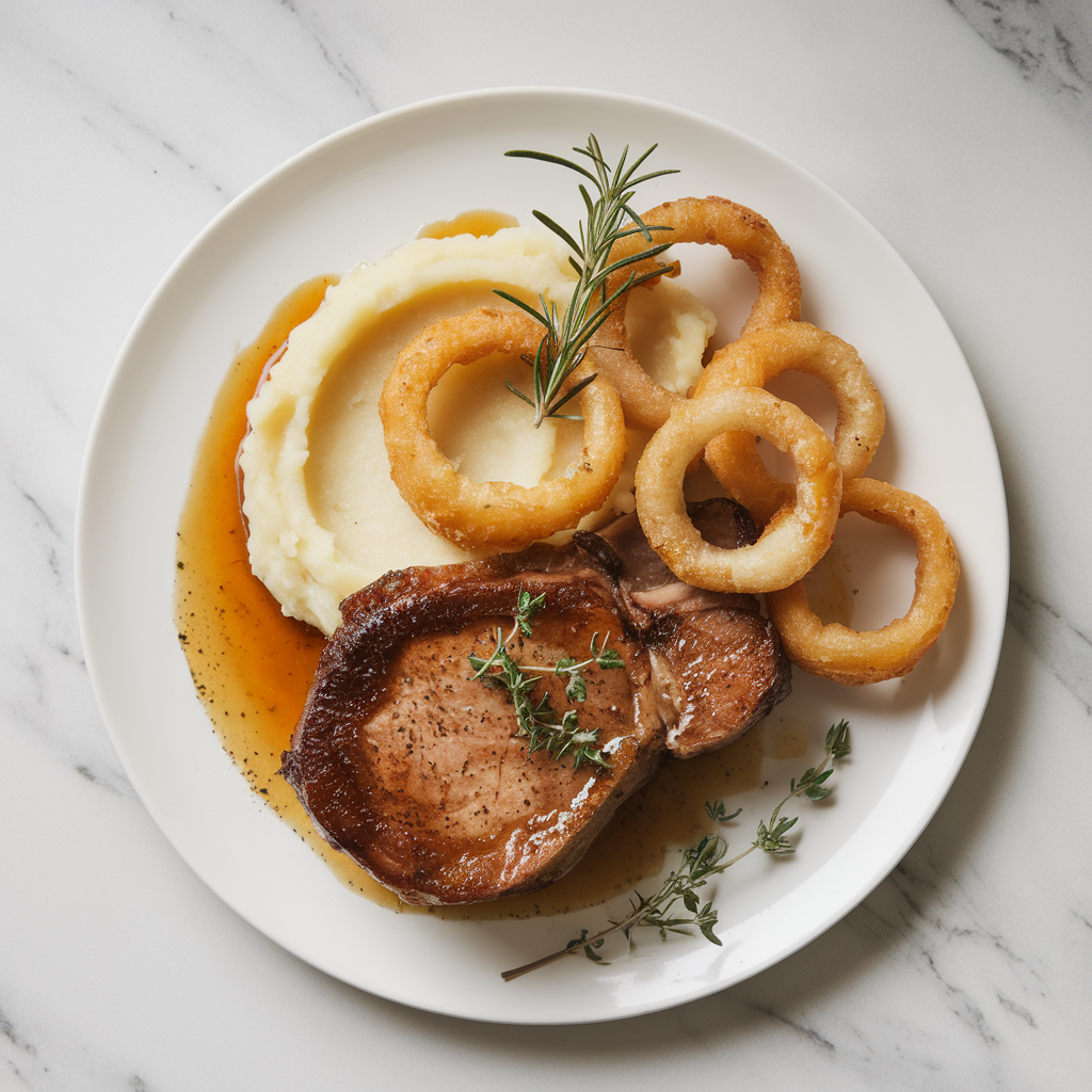 Sizzling Maple Bourbon Pork Chops with Crispy Onion Rings
