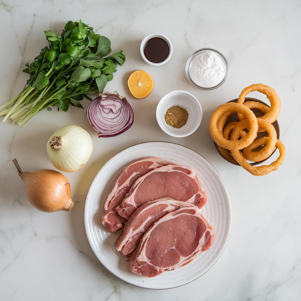 Ingredients for Sizzling Maple Bourbon Pork Chops with Crispy Onion Rings