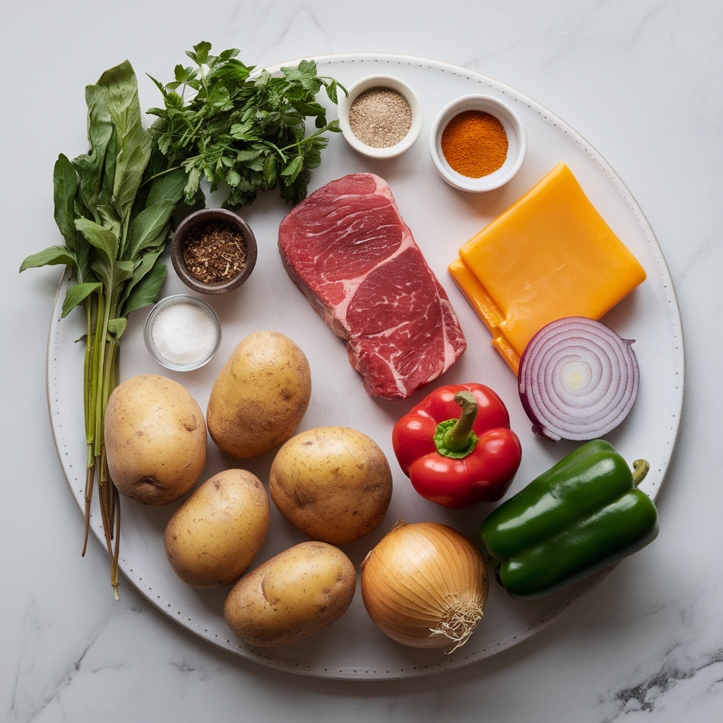 Ingredients for Sizzling Steak & Cheddar Breakfast Skillet