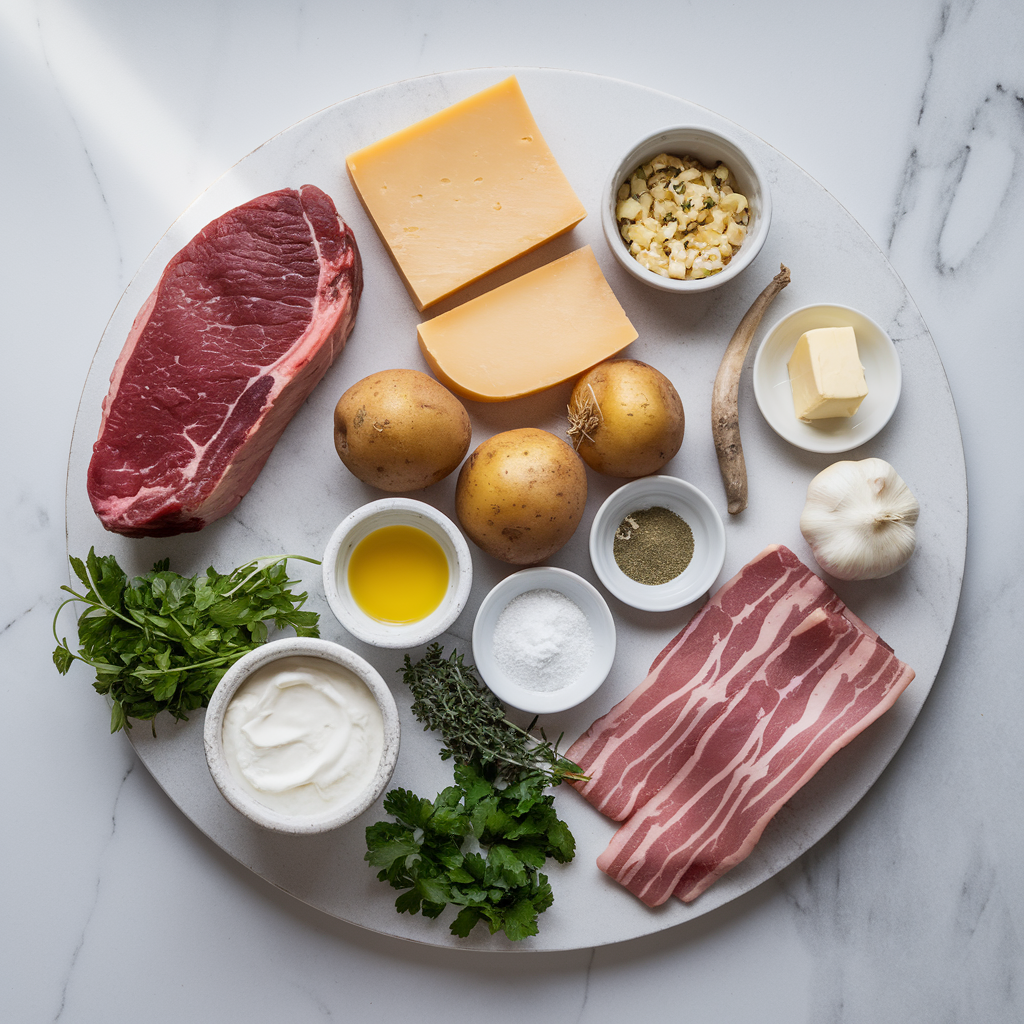 Ingredients for Sizzling Steak & Cheese Loaded Potato Skins