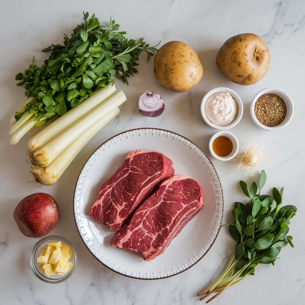 Ingredients for Sizzling Steak & Crispy Potato Salad with Creamy Horseradish Dressing