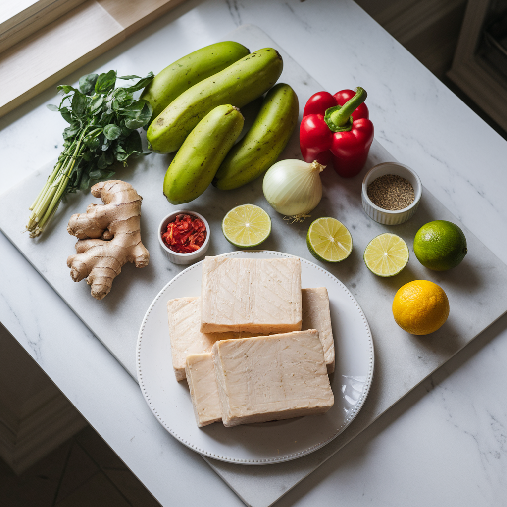 Ingredients for Sizzling Tempeh & Plantain Stir-Fry with Ginger-Lime Sauce