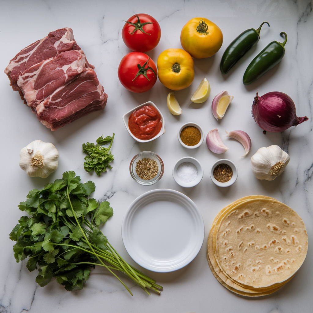 Ingredients for Slow-Cooked Lamb Shoulder Tacos with Salsa Borracha