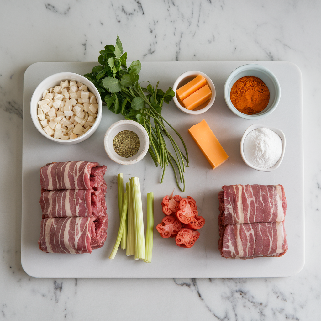 Ingredients for Smoky Bacon-Wrapped Meatloaf Bites with Cheddar Explosion