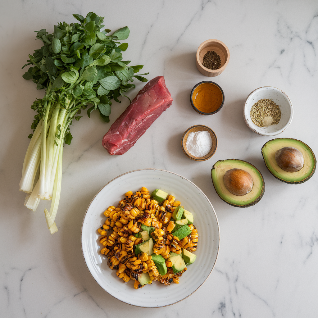 Ingredients for Smoky BBQ Beef Short Rib Salad with Charred Corn and Avocado