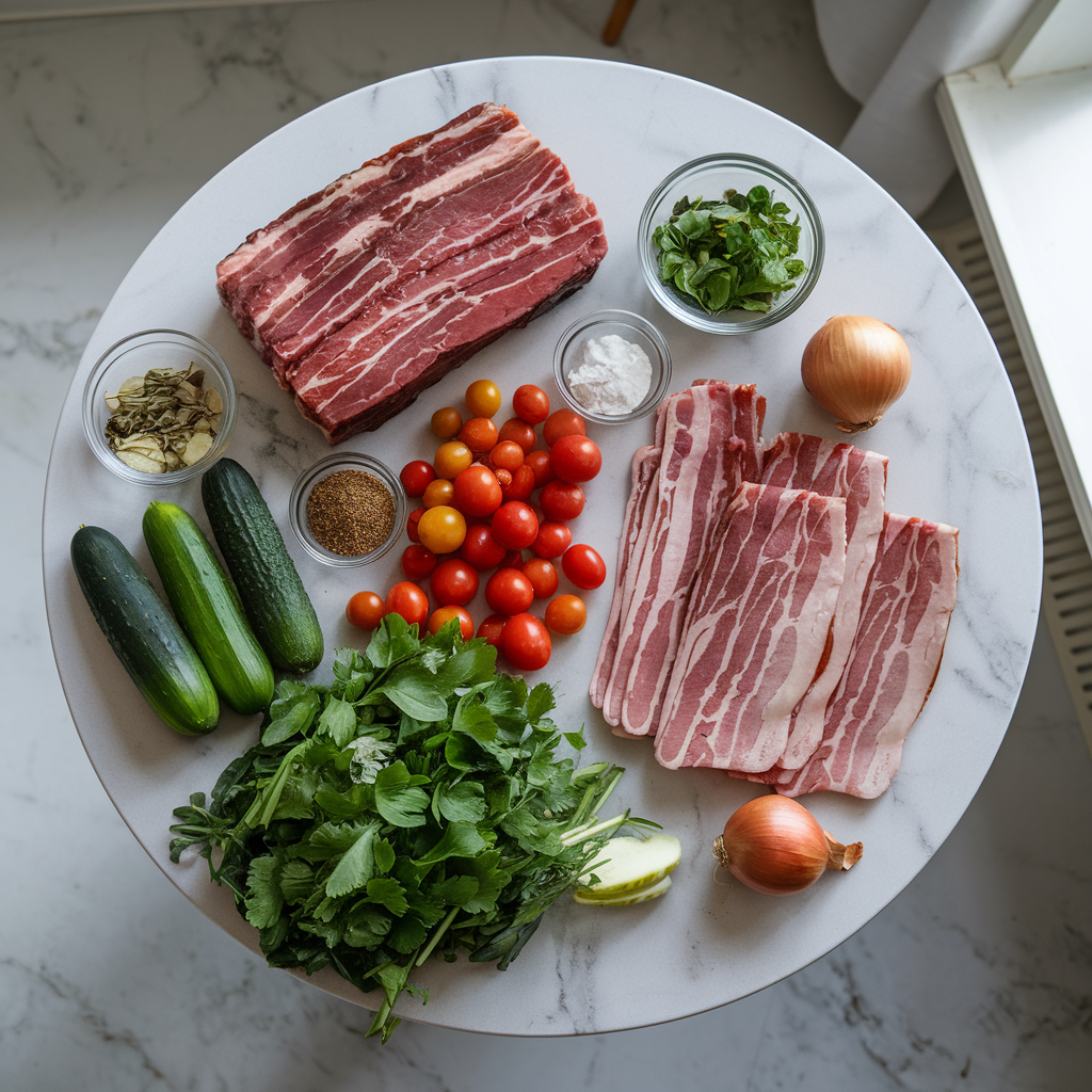 Ingredients for Smoky BBQ Brisket and Crispy Bacon Salad Bowl