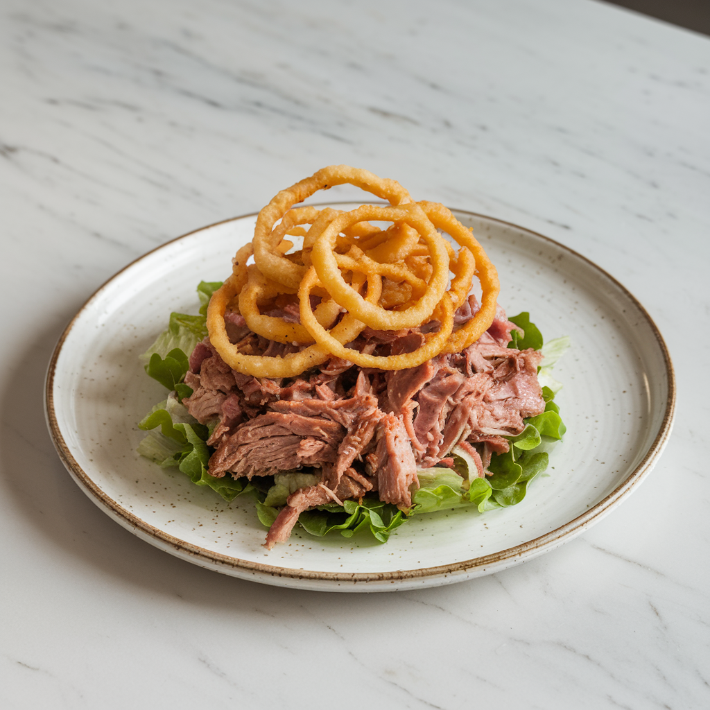 Smoky BBQ Pulled Pork and Crispy Onion Ring Salad