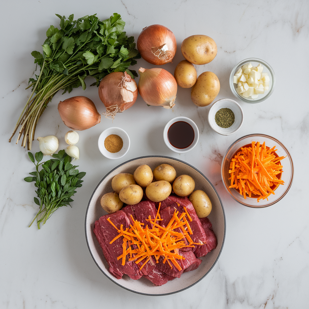 Ingredients for Smoky Bourbon BBQ Beef and Cheddar Skillet