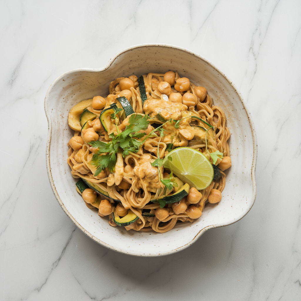 Speedy Chickpea & Zucchini Noodle Stir-Fry with Cashew Lime Sauce