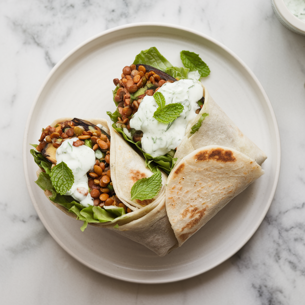 Speedy Spiced Eggplant & Lentil Wraps with Mint Yogurt Sauce