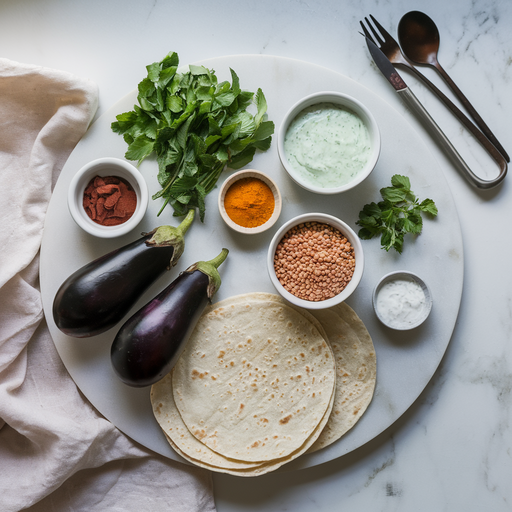 Ingredients for Speedy Spiced Eggplant & Lentil Wraps with Mint Yogurt Sauce
