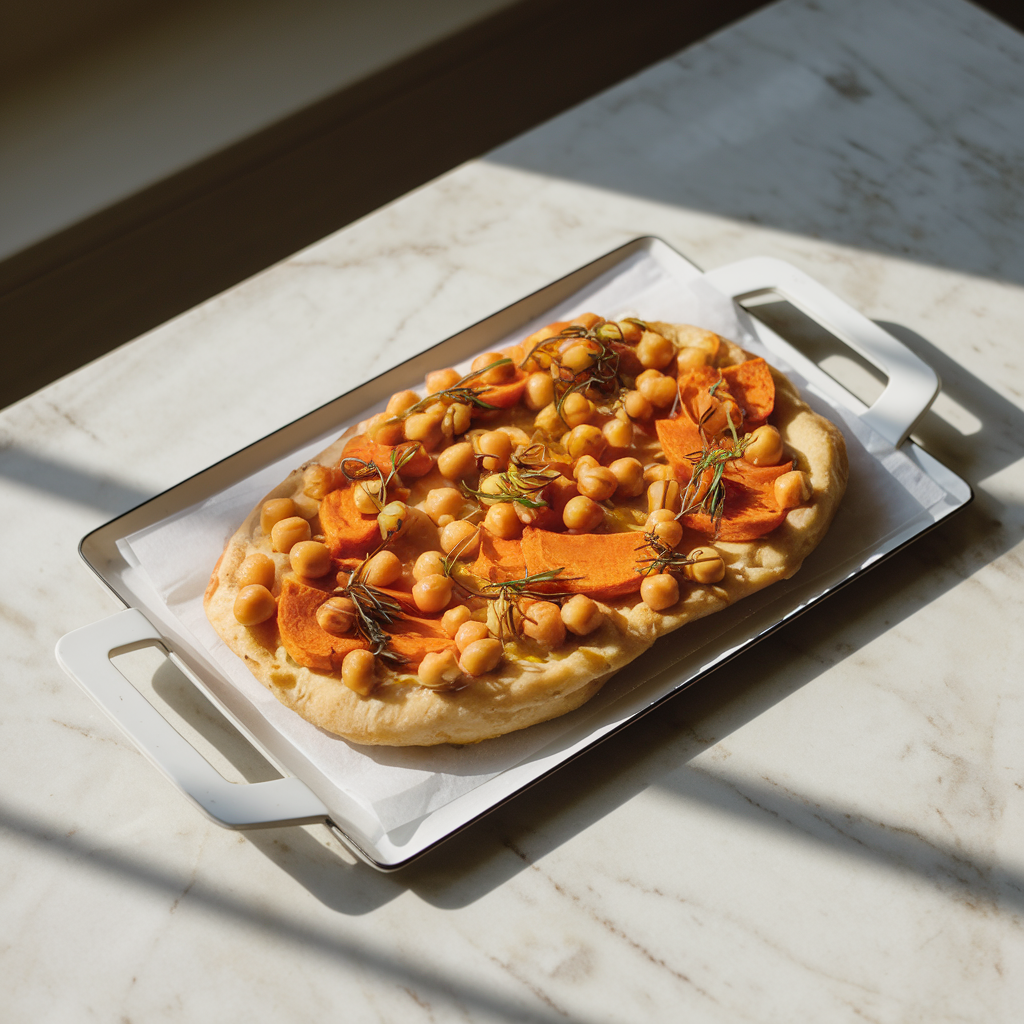 Spiced Chickpea & Sweet Potato Flatbread with Herb-Infused Olive Oil