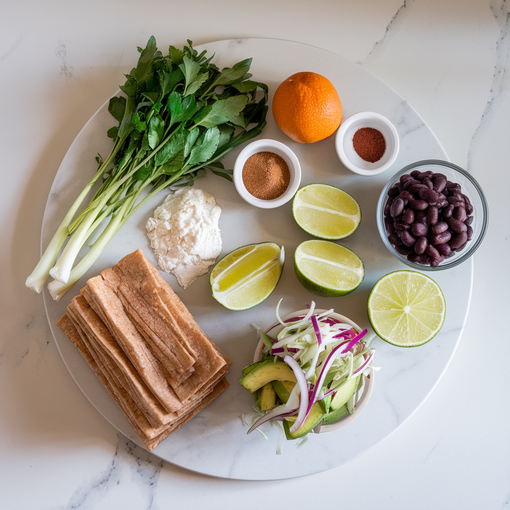 Ingredients for Spiced Jackfruit and Black Bean Tacos with Avocado Lime Slaw