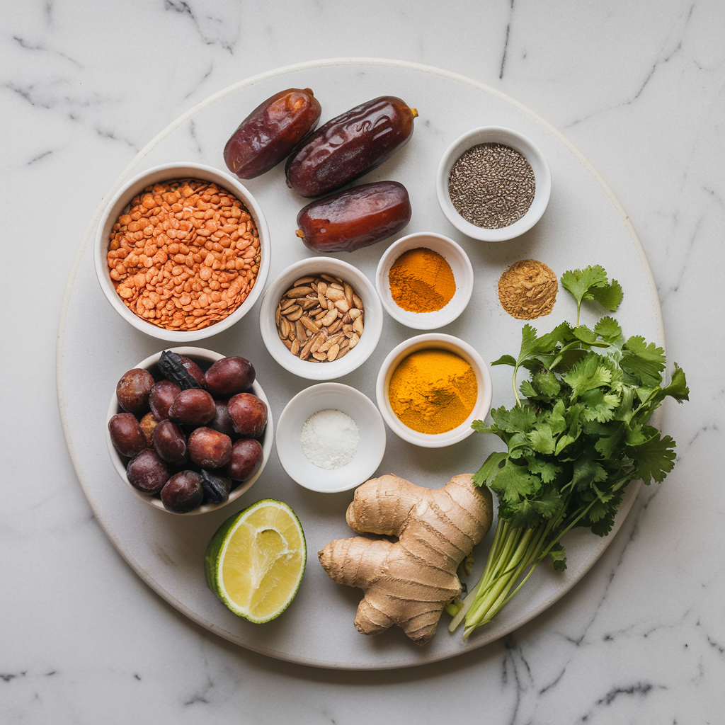 Ingredients for Spiced Lentil and Date Energy Bliss Balls