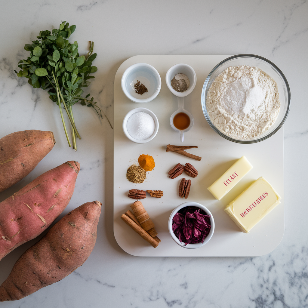 Ingredients for Spiced Sweet Potato & Pecan Swirl Bread with Hibiscus Glaze